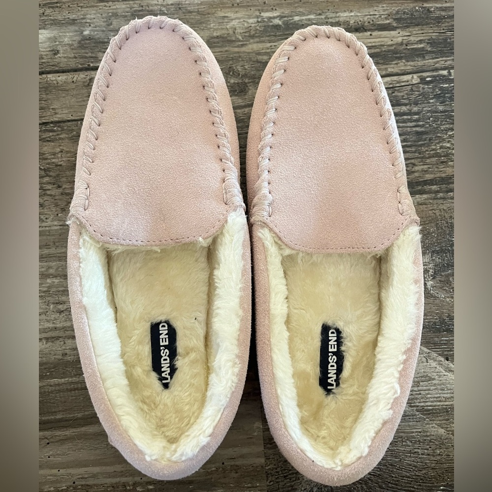 Land's End Women's Pink 7 Suede Shearling Slip On Moccasin Loafers